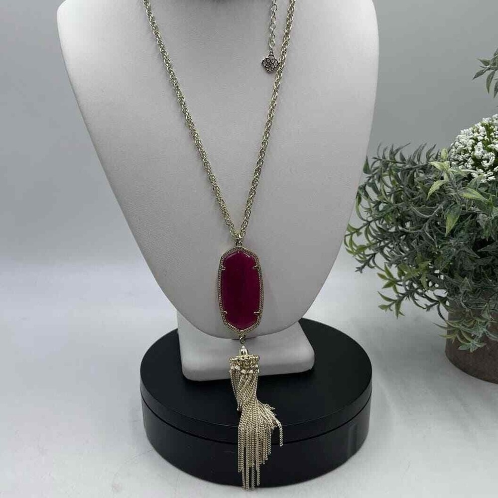 Kendra Scott Rayne Magenta Maroon Jade Tassel‎ Gold Plated Long Necklace